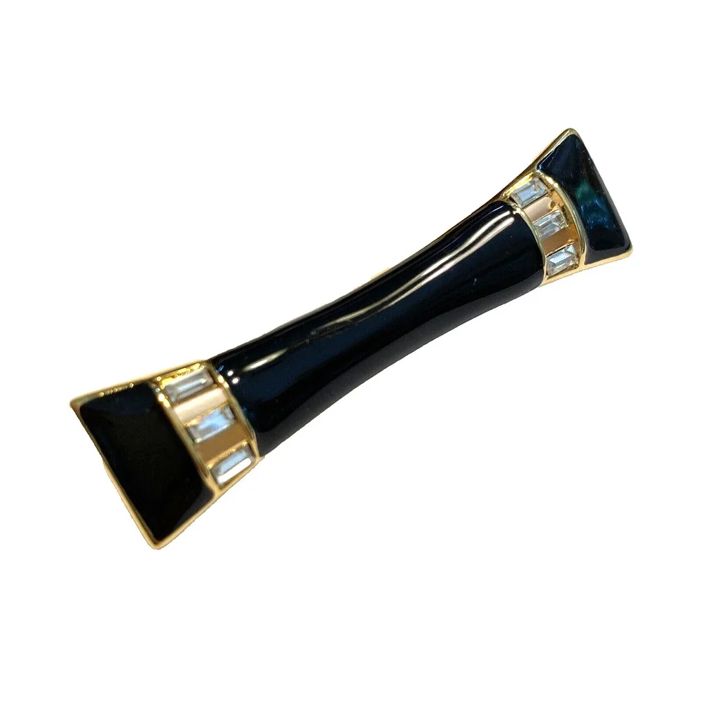 Vintage 1980’s Monet Bar Brooch Gold Black Enamel White Rhinestones Bow Tie Pin